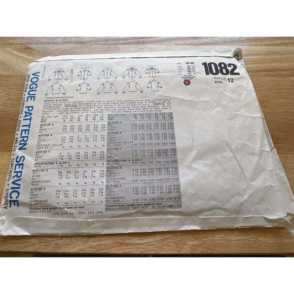 Vogue #1082 Sewing Pattern Blouses Vintage Sizes 8-18 Sku 0252 Used - Picture 4 of 4